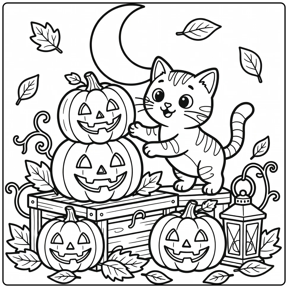 Halloween cat and pumpkin coloring pages: curious tabby pawing pumpkins
