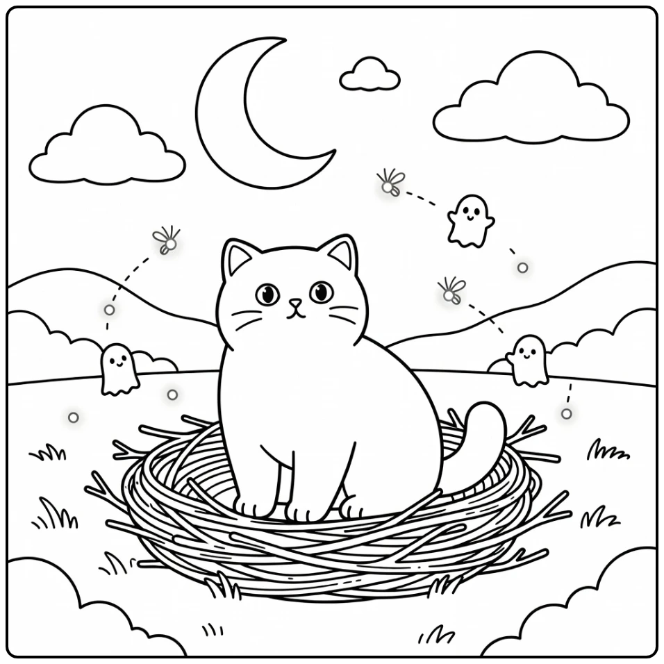 Halloween cat coloring pages: Shorthair nest with ghosts
