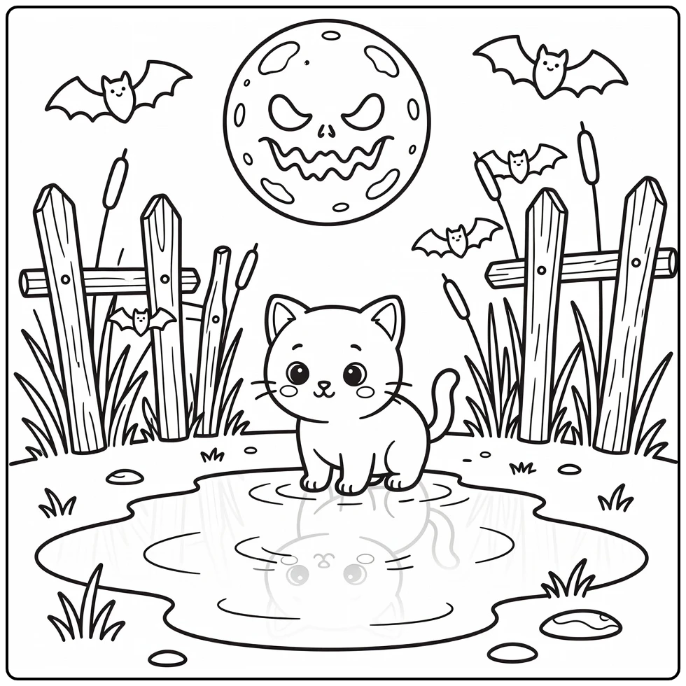 Halloween cat coloring pages: kitten in puddle gazing at spooky moon