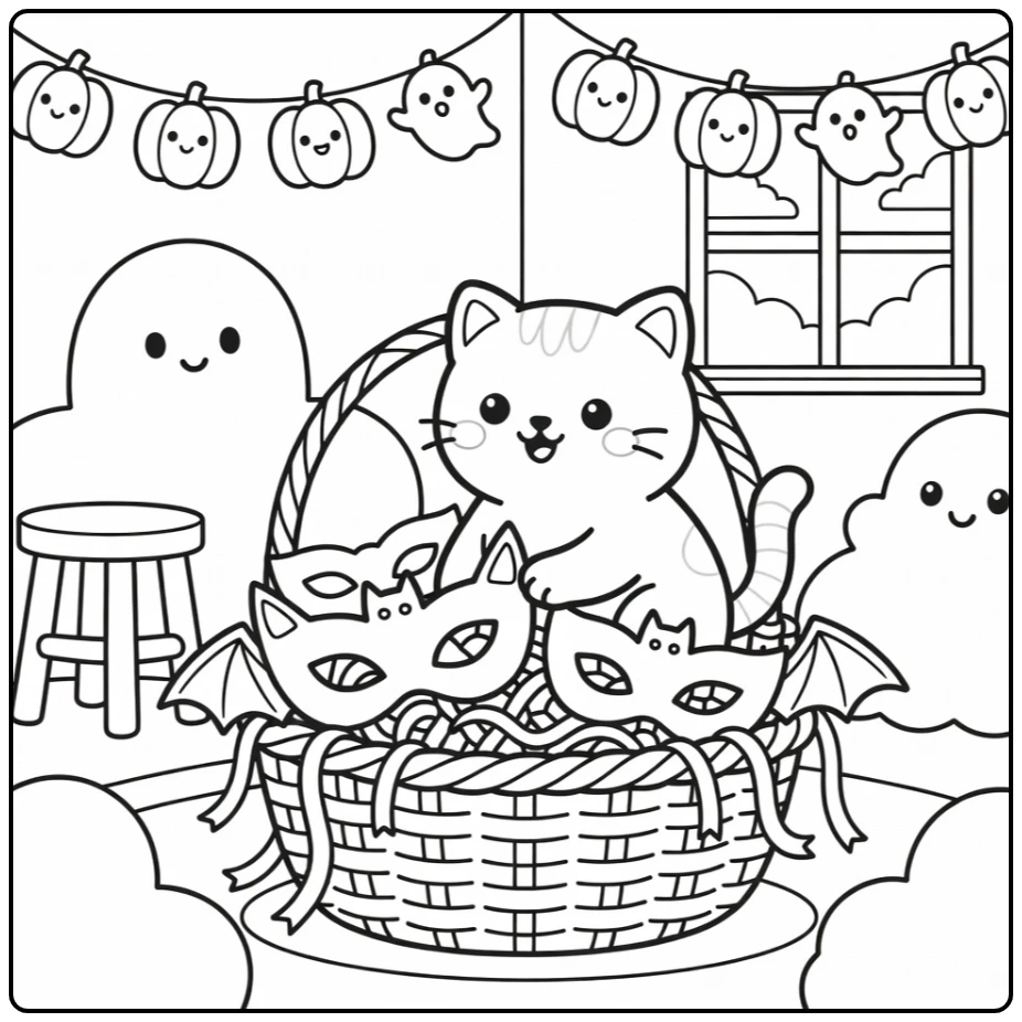 Kitten pawing bat mask in basket: halloween cat coloring pages