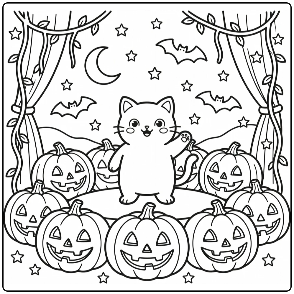 Halloween cat coloring pages: cat on pumpkin stage with bats, vines