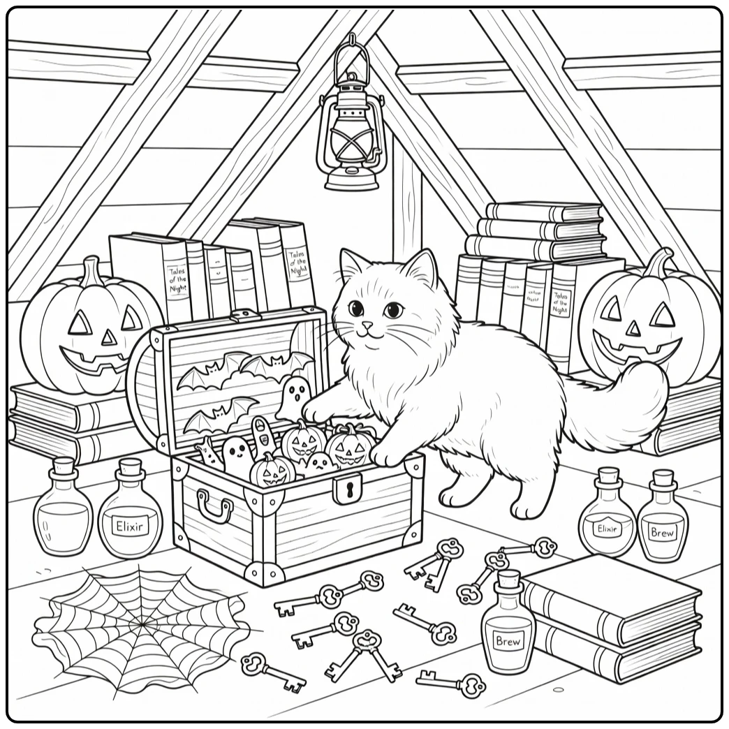 halloween cat coloring pages for adults: cat nudges attic chest