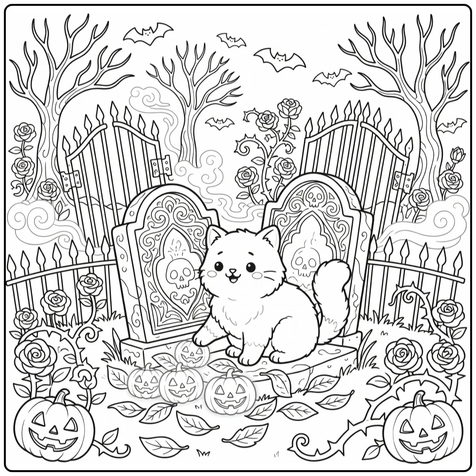 Halloween cat coloring pages for adults: fluffy cat on grave