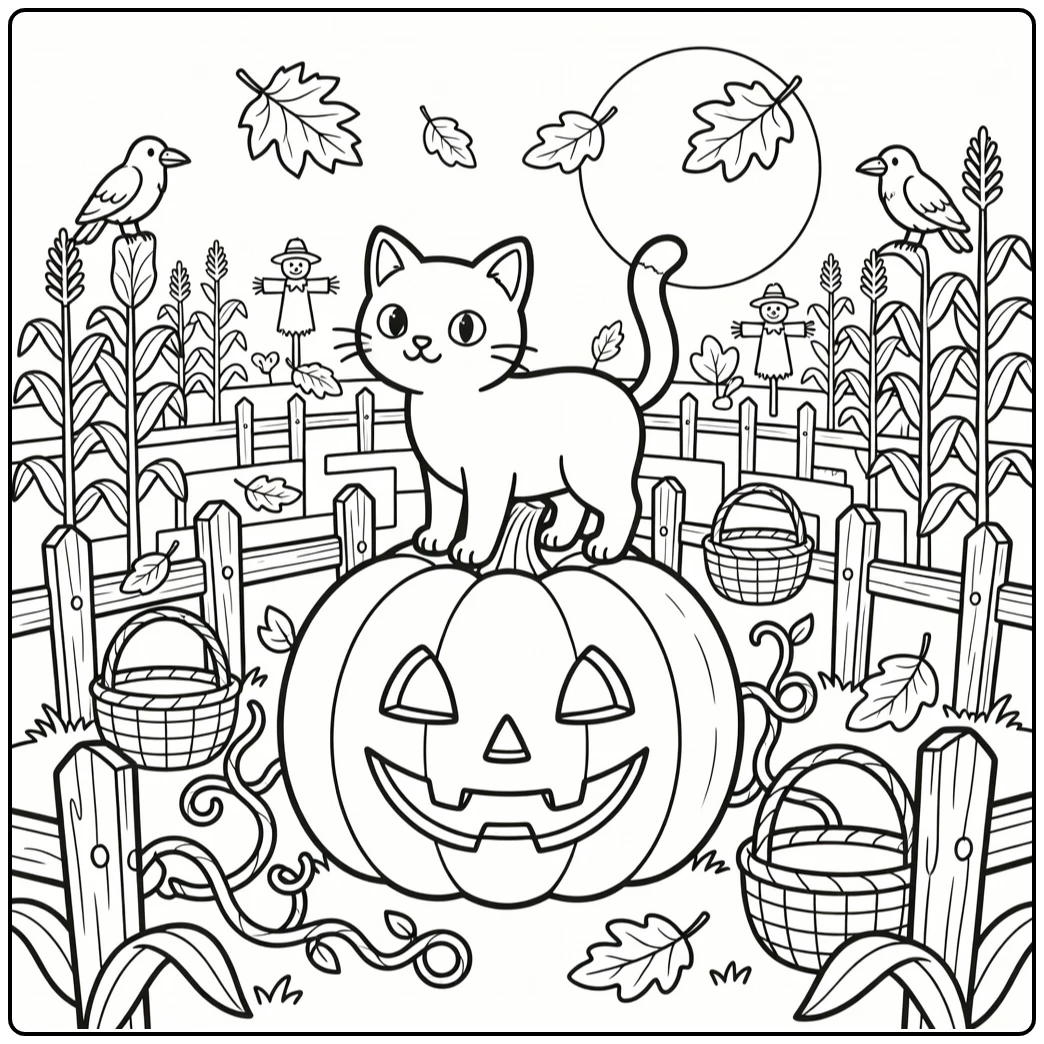 Halloween cat coloring pages for adults: cat on pumpkin maze