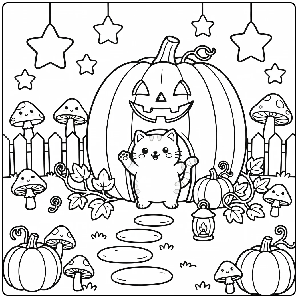 Halloween cat coloring pages for kids: peeking cat in pumpkin