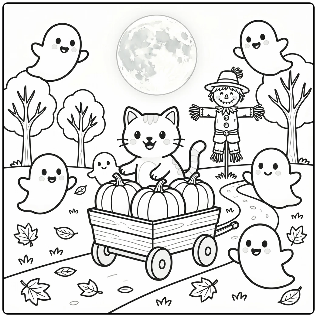 halloween cat coloring pages for kids: cat in pumpkin wagon