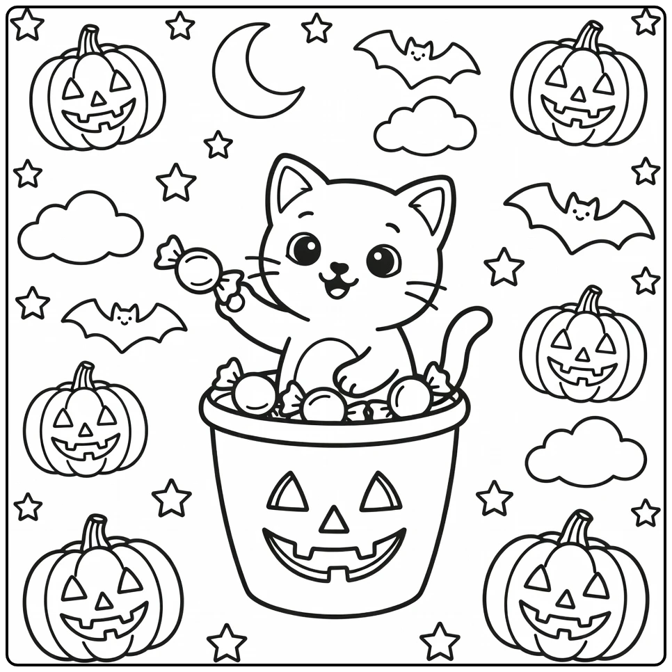 Halloween cat coloring pages for kids: kitten pops from candy bucket