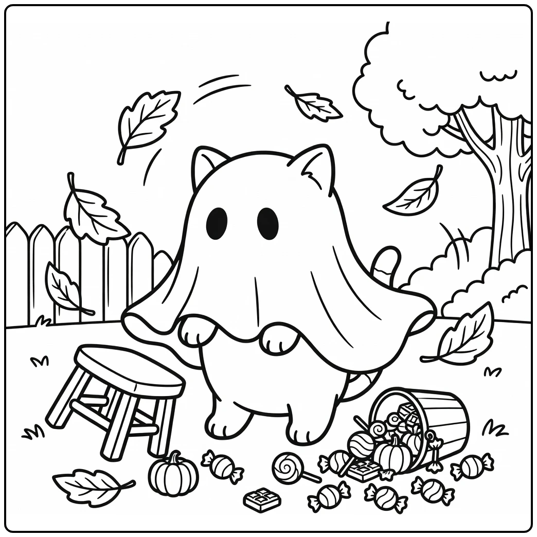 halloween cat coloring pages: surprised cat under ghost sheet