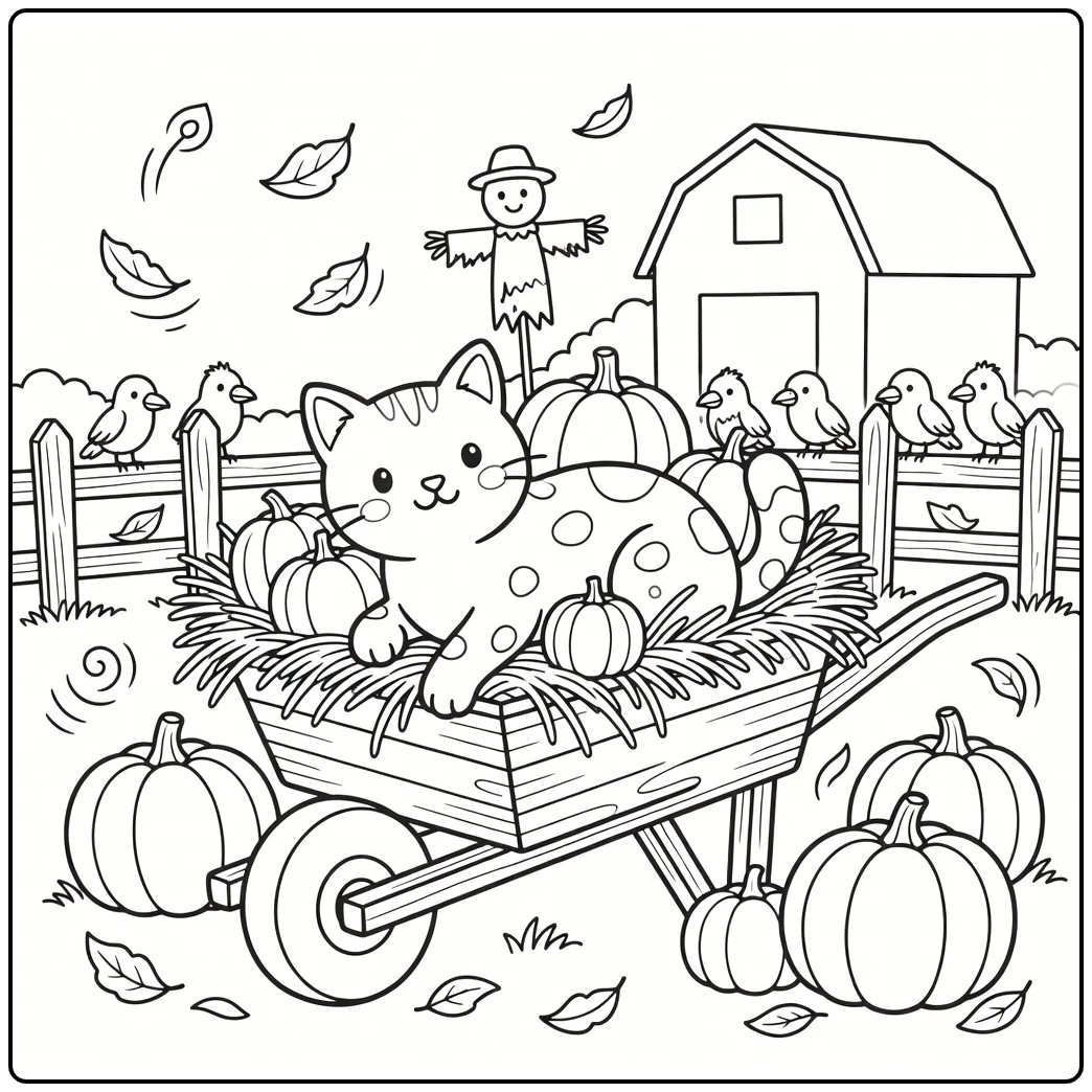 halloween cat coloring pages: spotted cat in pumpkin wheelbarrow