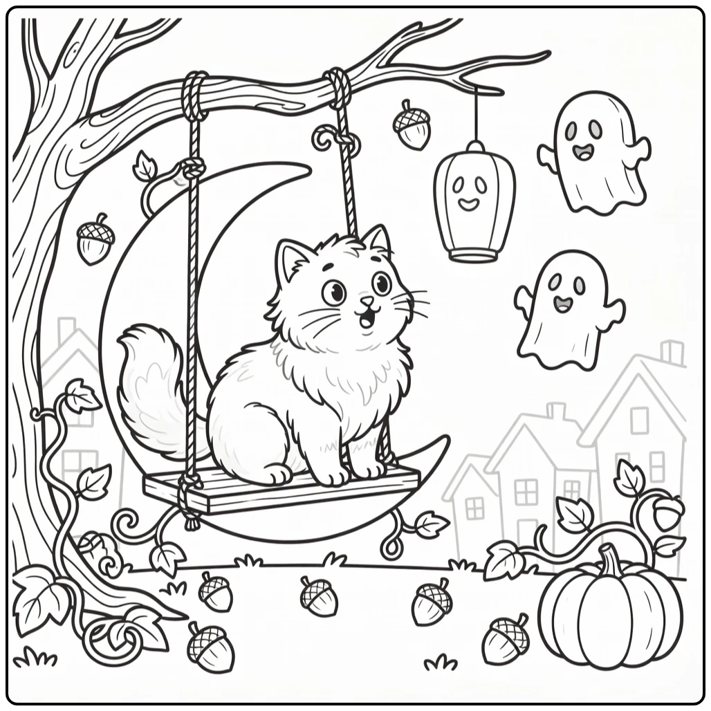 Halloween cat coloring pages: surprised cat on moon swing with ghosts