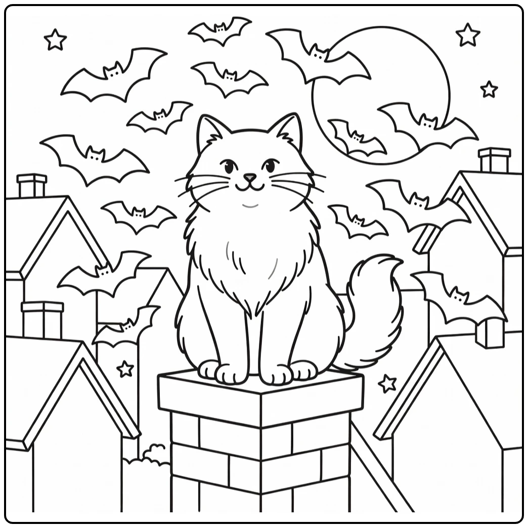Halloween cat coloring pages: proud cat on chimney with bats
