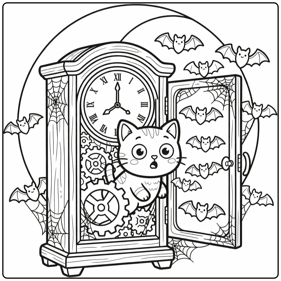 Halloween cat coloring pages: startled cat peeks from clock with bats