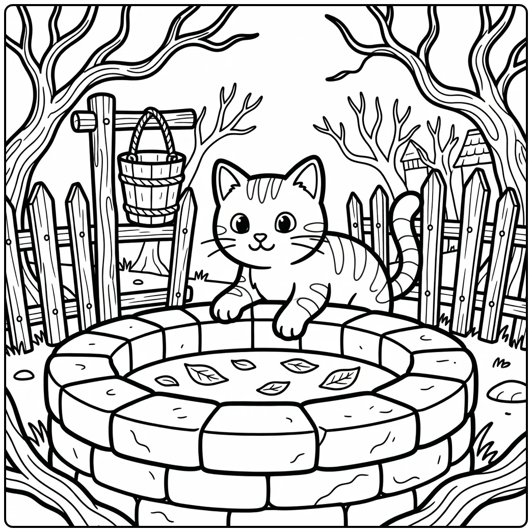 Halloween cat coloring pages: tabby peeking into spooky well