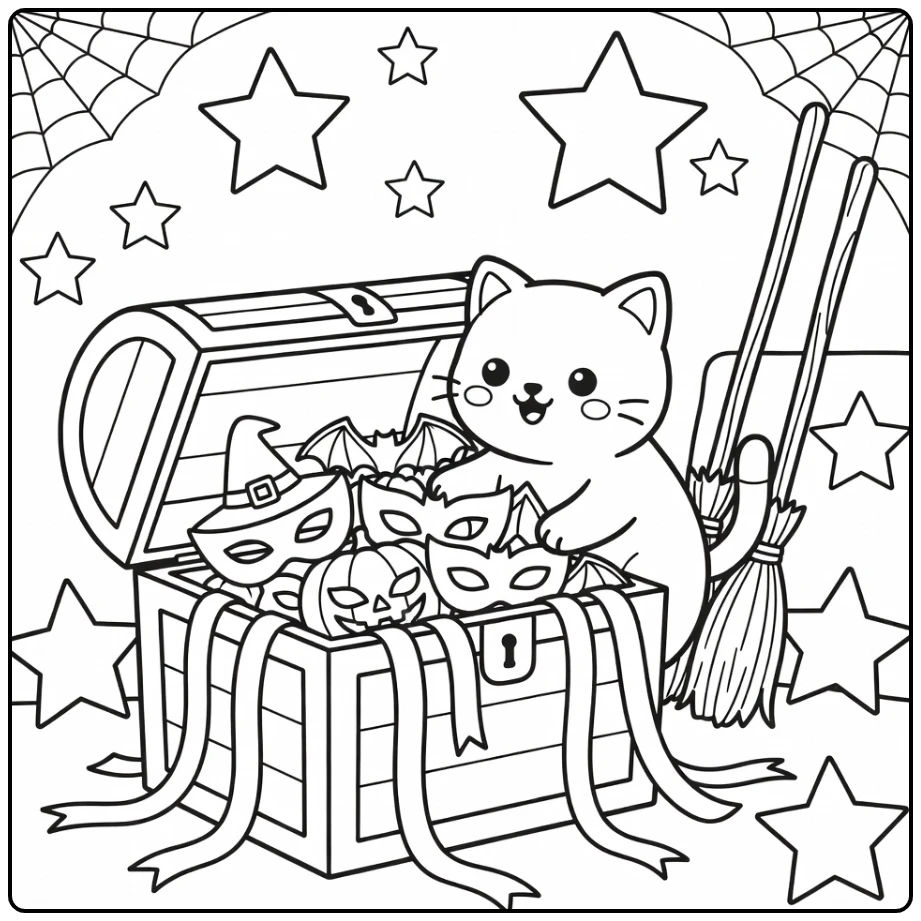 Halloween cat coloring pages: cat opens mask treasure chest