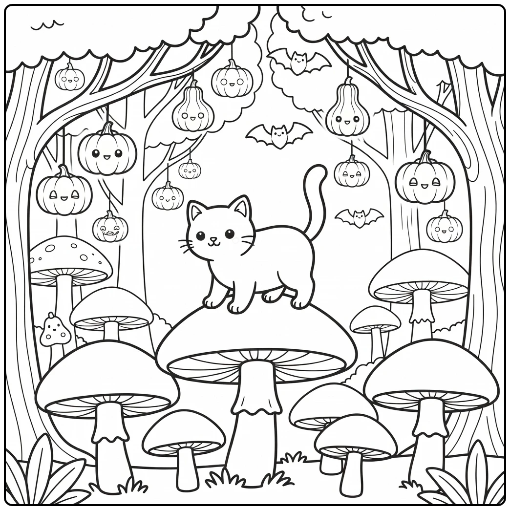 Halloween cat coloring pages: cat steps on giant mushrooms in enchanted forest