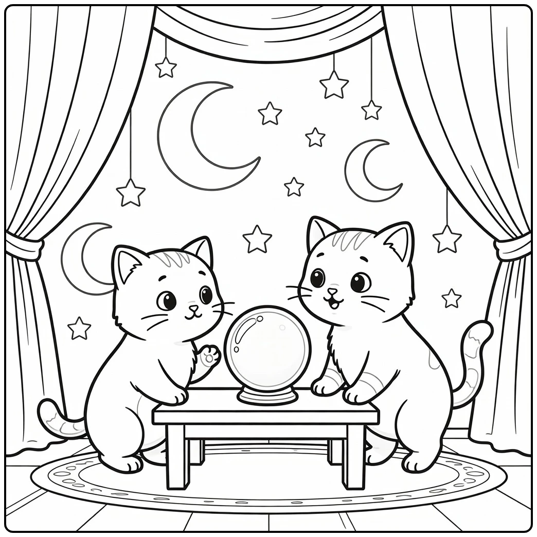 Halloween cat coloring pages: two cats face off over crystal ball
