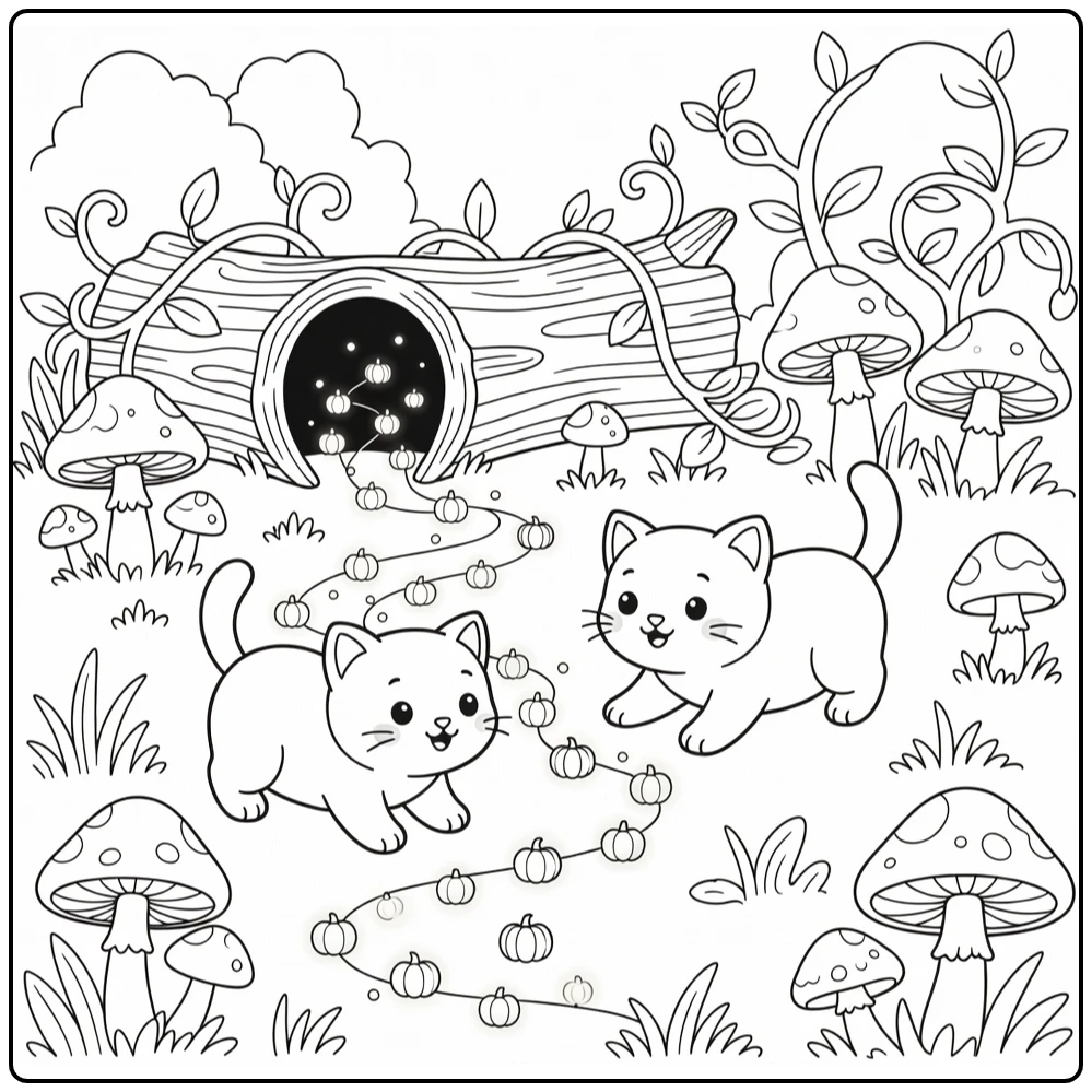 Halloween cat coloring pages: kittens trail pumpkin lights to log