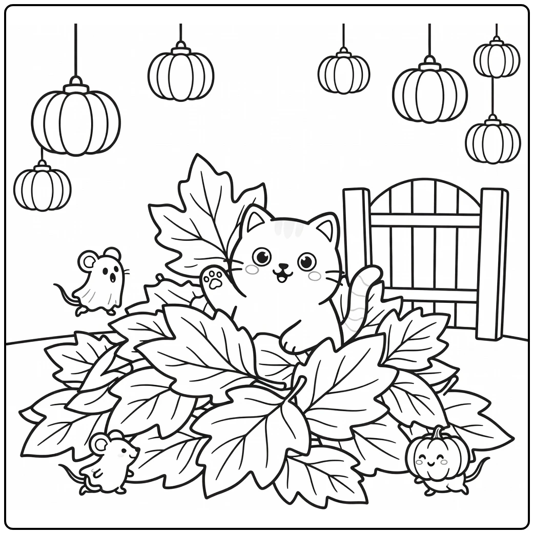 Halloween cat coloring pages: cat peeking from leaves at mice