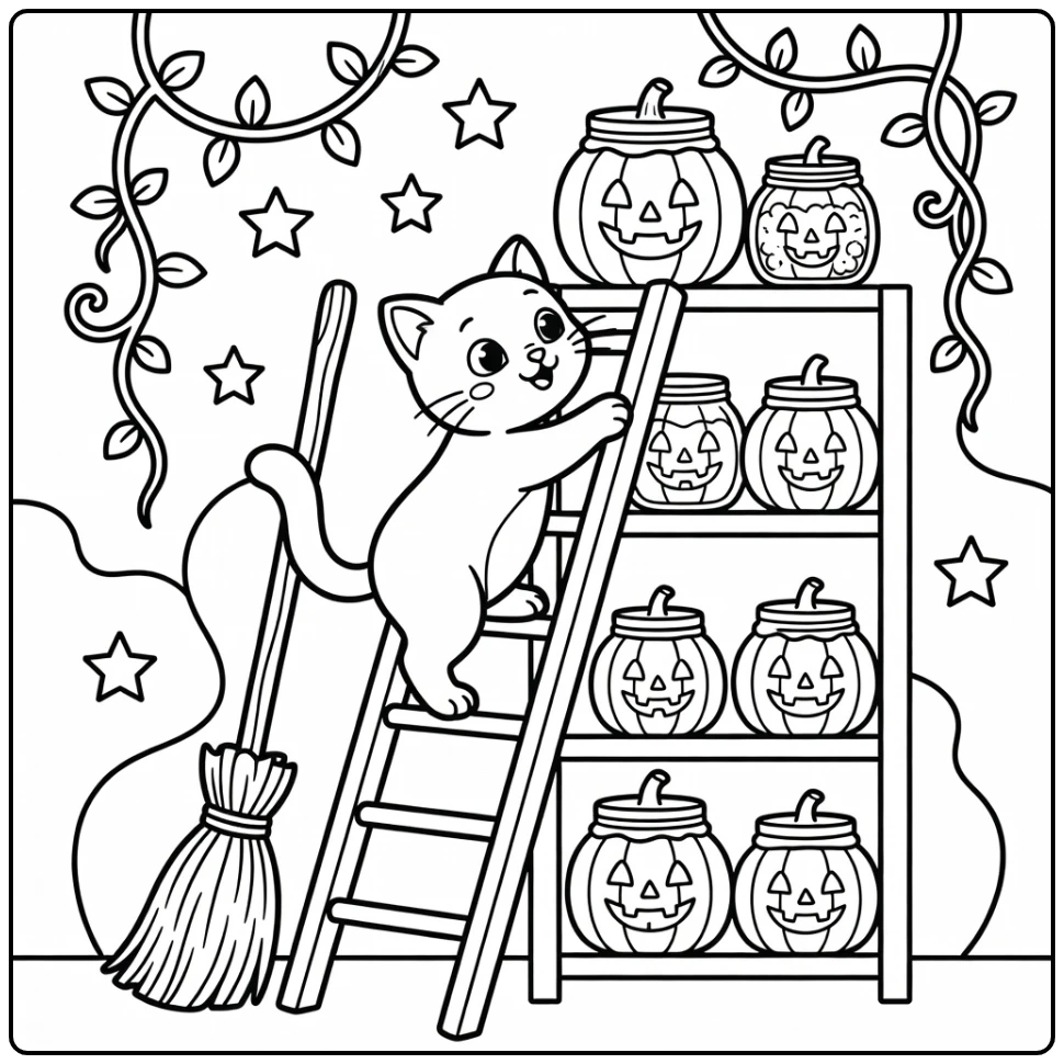 Halloween cat coloring pages: curious cat sniffing pumpkin jar