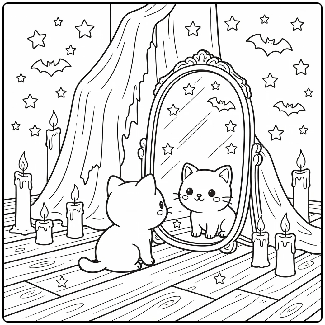Halloween cat coloring pages: cat at mirror with stars, bats