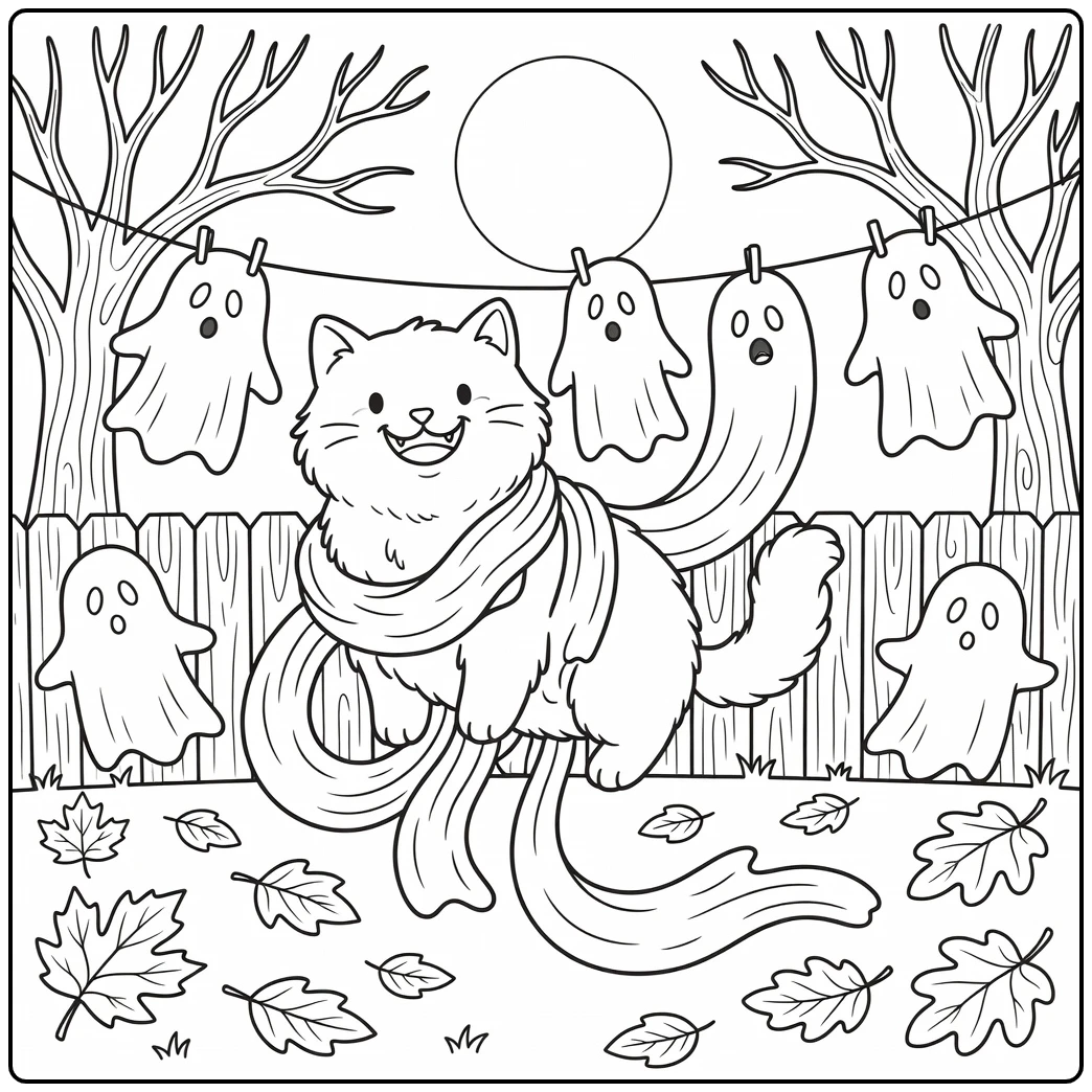 Halloween cat coloring pages: fluffy cat tangled in ghost sheets