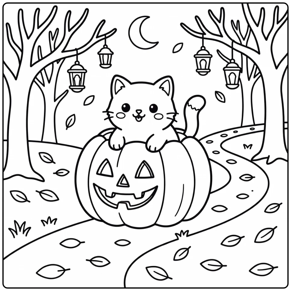 Halloween cat coloring pages: fluffy cat in pumpkin carriage