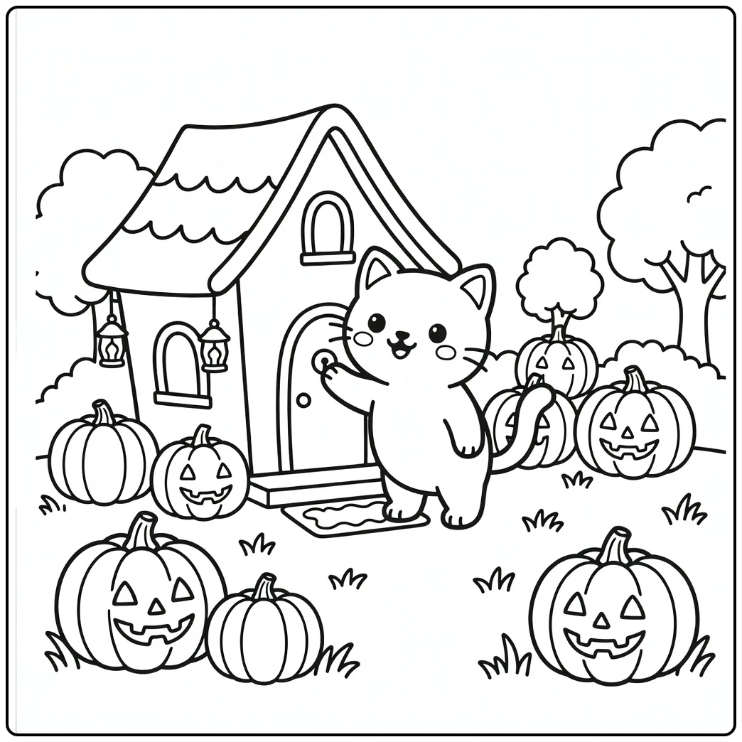Halloween cat coloring pages: cat rings tiny haunted house doorbell
