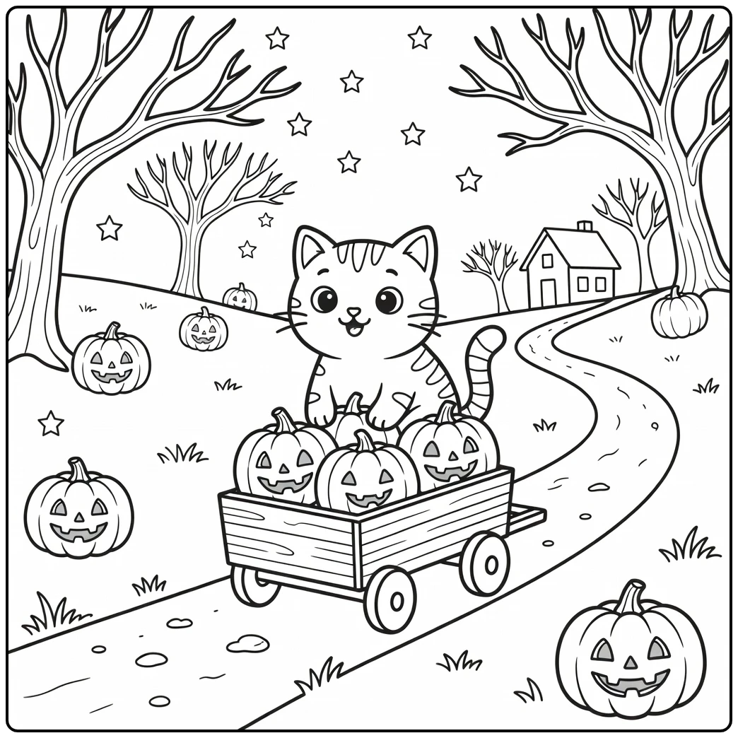Striped cat in pumpkin wagon downhill, halloween cat coloring pages