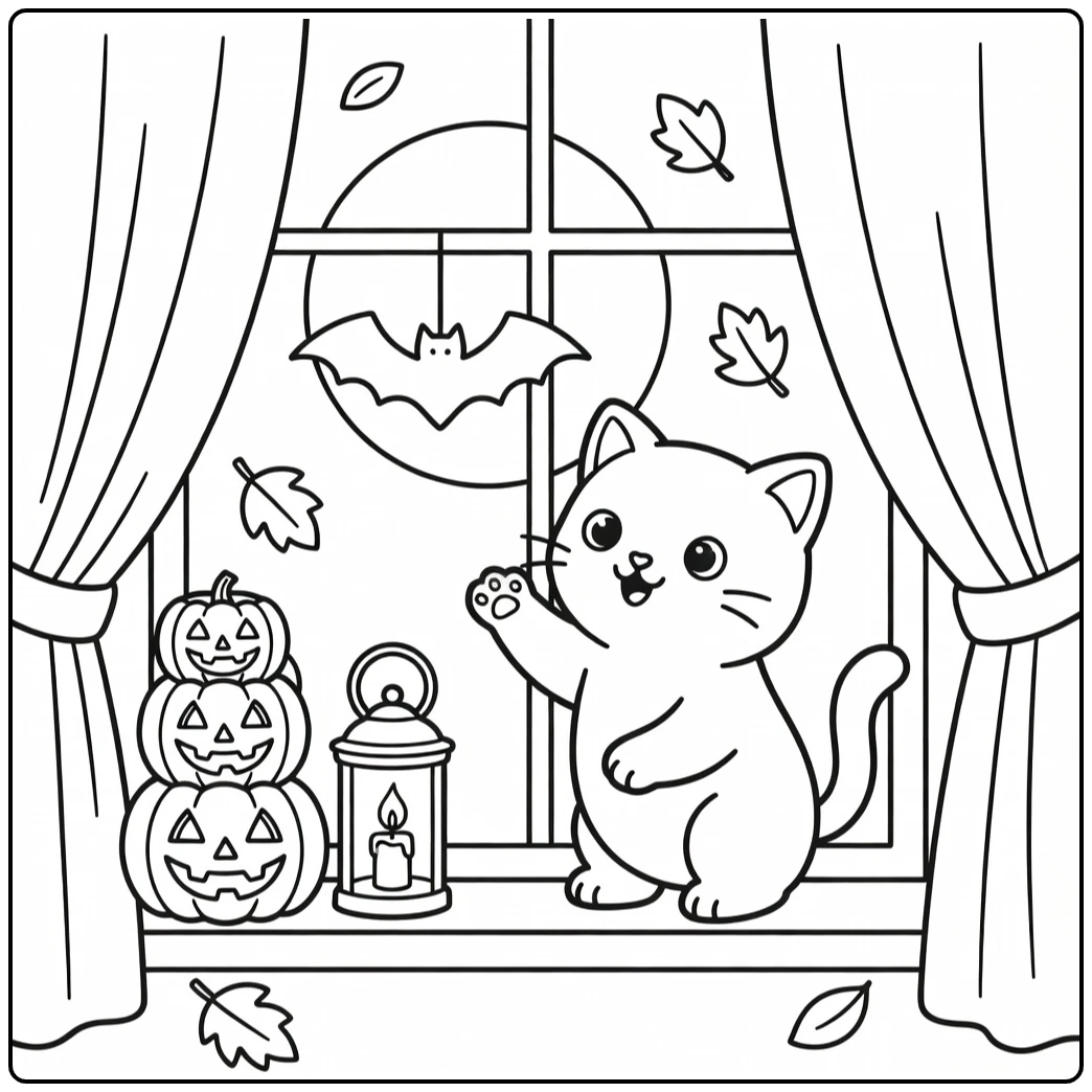 halloween kitten coloring pages: paws at bat mobile on moonlit sill