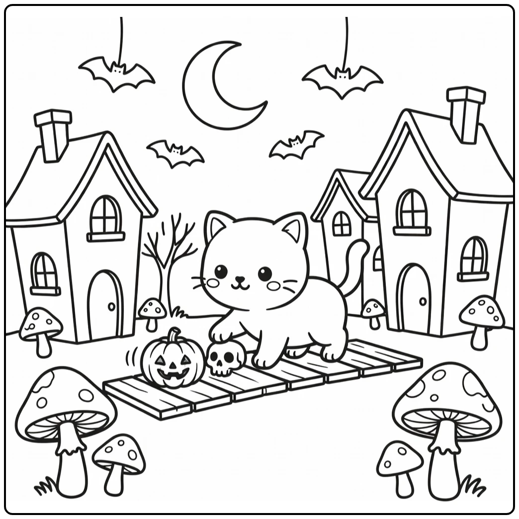 Halloween kitten coloring pages: tiptoeing over skull in haunted village