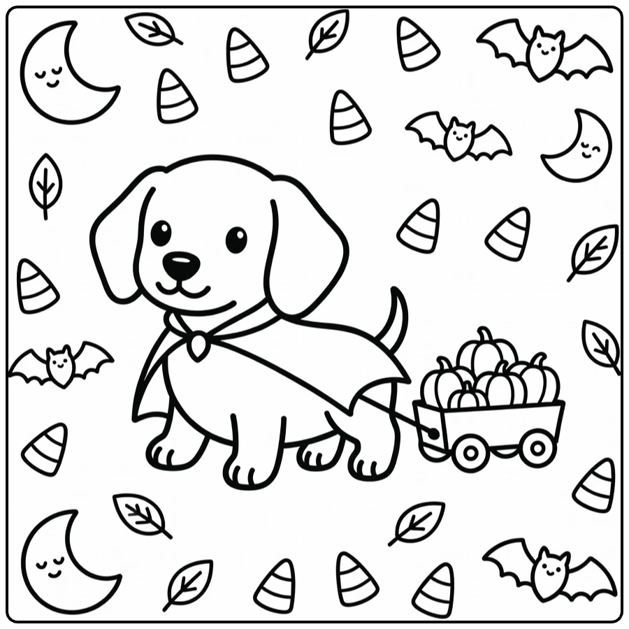 Halloween Puppy Coloring Page: Dachshund in vampire cape pulls pumpkin wagon