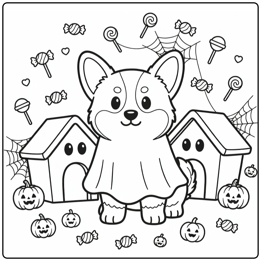 Halloween Puppy Coloring Page: Corgi Ghost by Haunted Doghouse