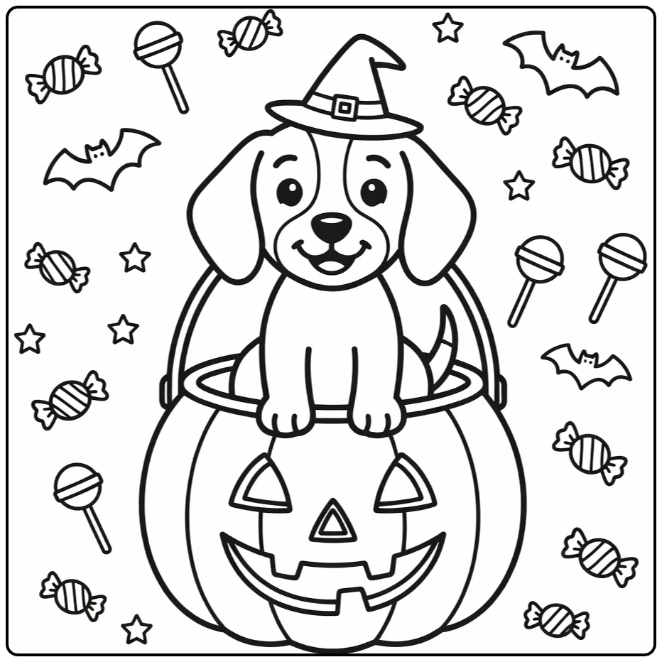 Halloween Puppy Coloring Page: Beagle in pumpkin bucket