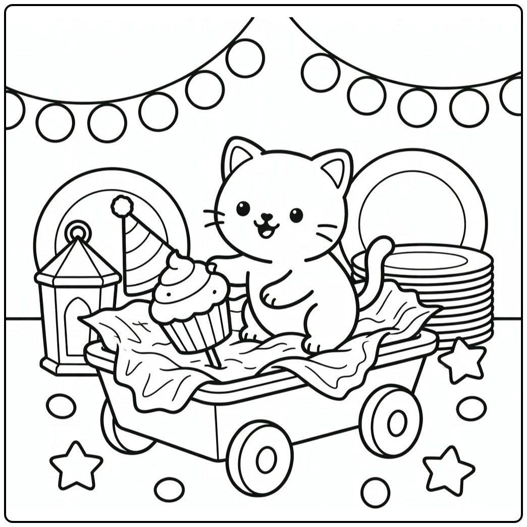 Happy birthday kitten coloring pages: playful wagon party