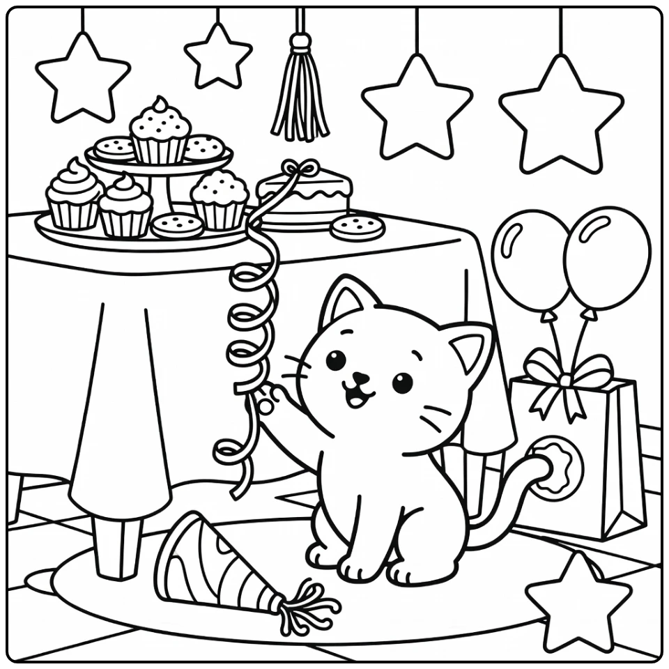 Happy birthday kitten coloring pages: pawing streamer under table