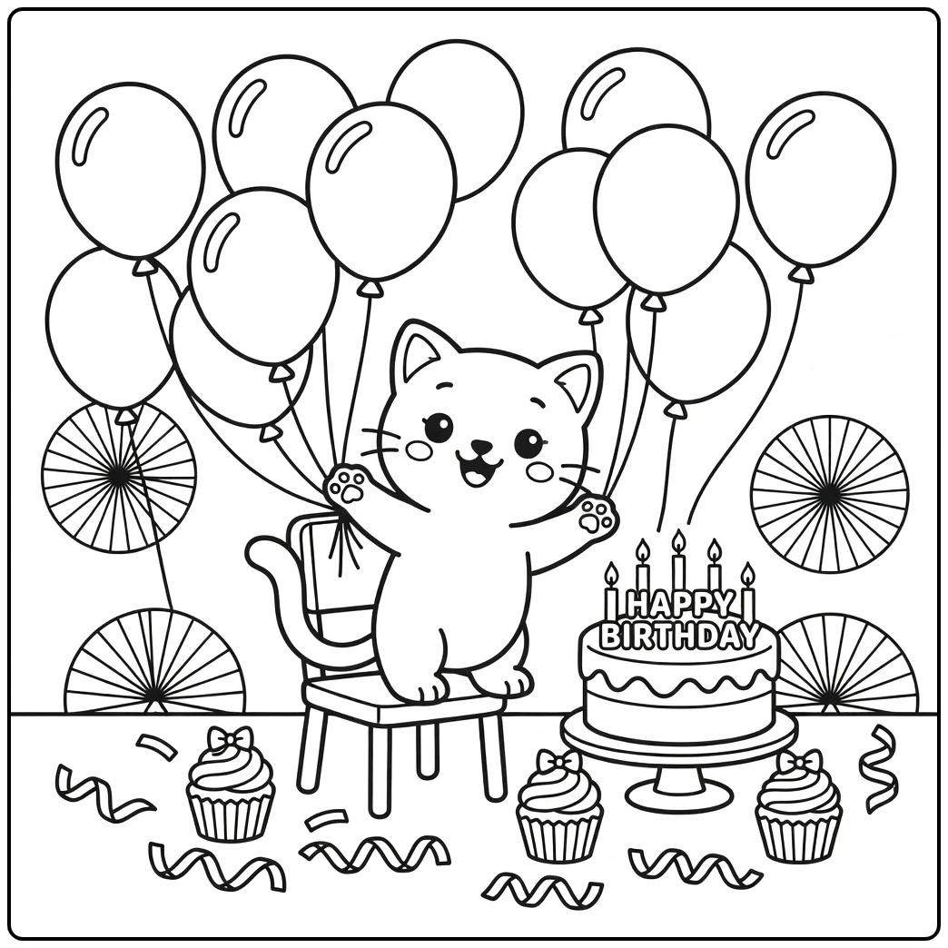Happy birthday kitten coloring pages: playful cat bats balloons