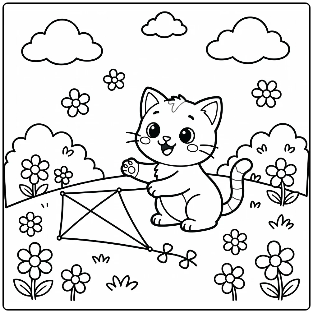 Cat coloring pages for kids: kitten bats kite tail on grassy hill