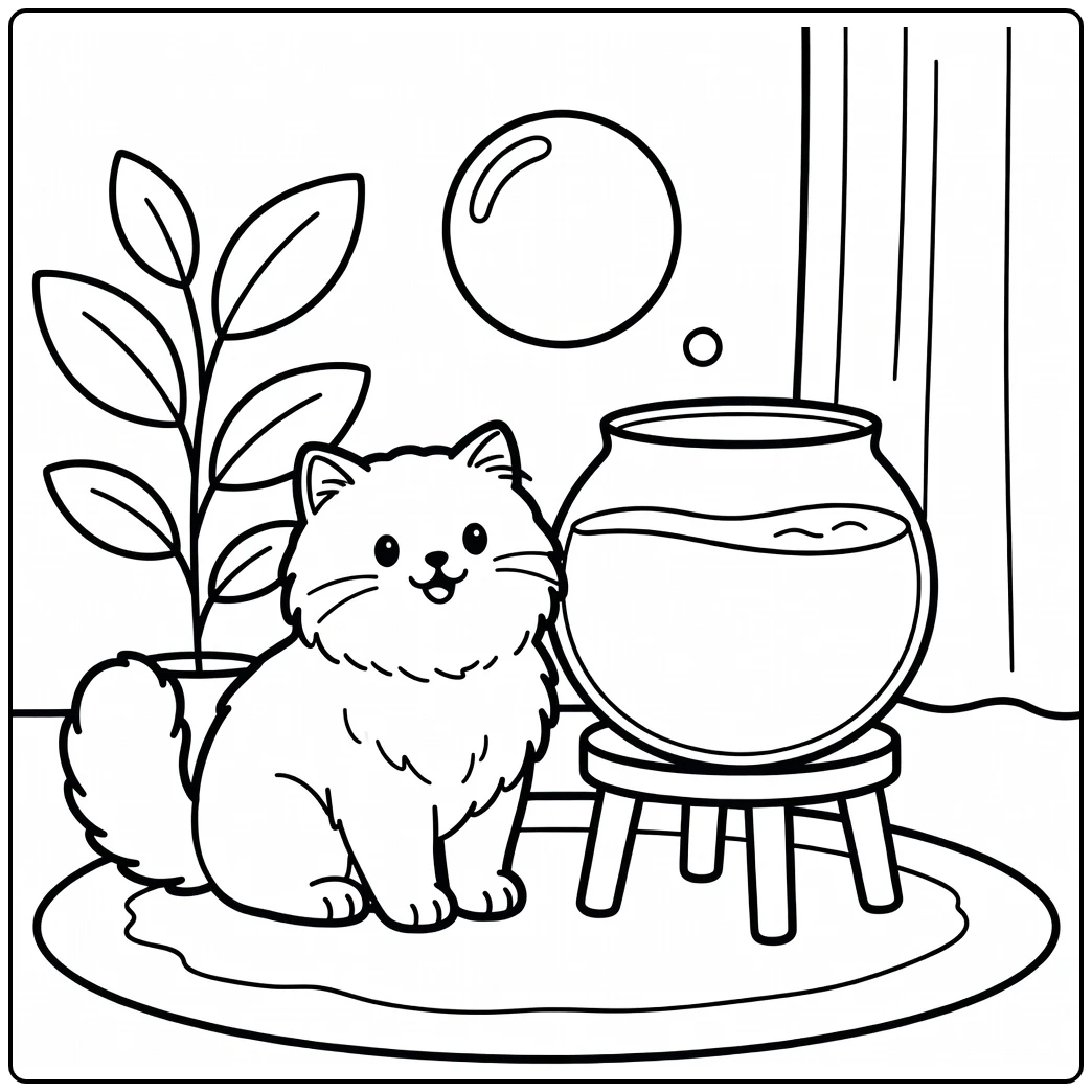 Cat coloring pages for toddlers: fluffy Persian cat & bubble
