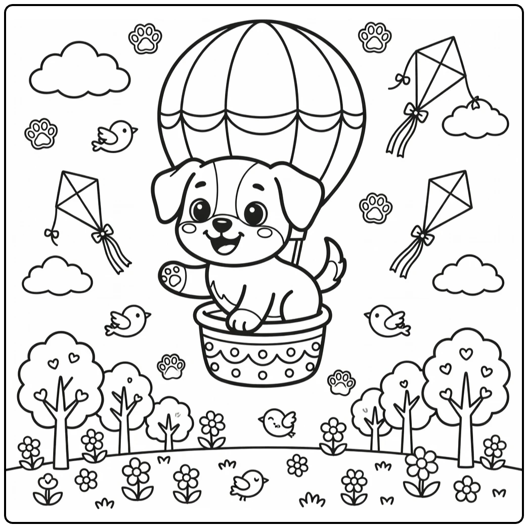 Hard Puppy Coloring Page: Puppy in balloon over whimsical park