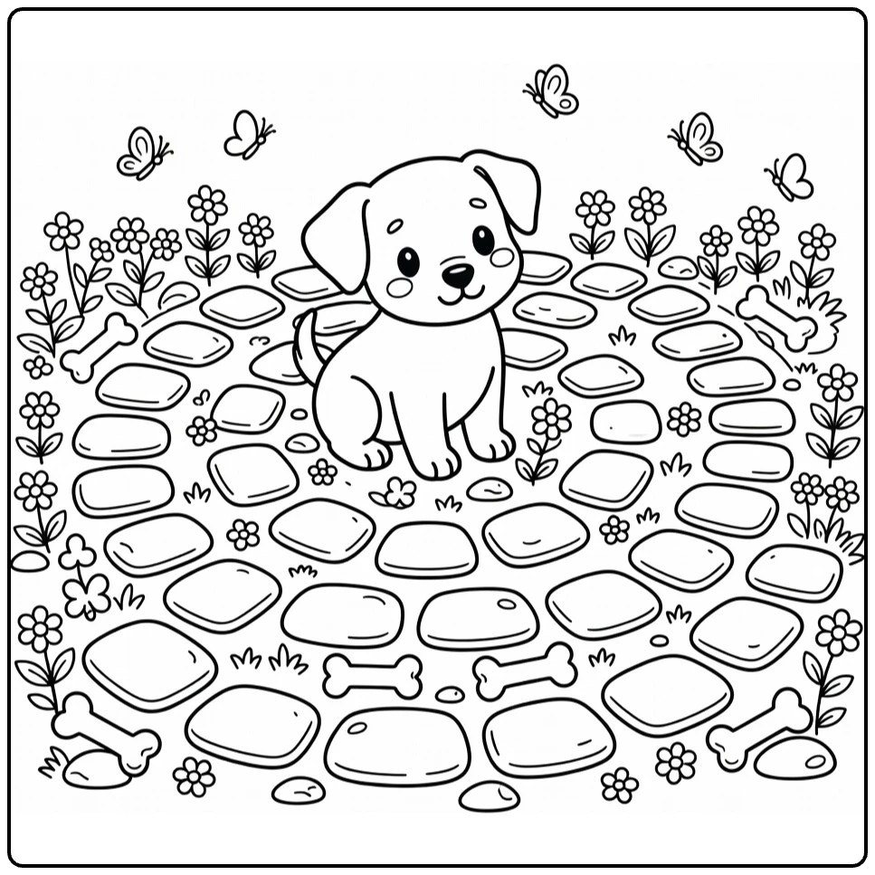 Hard Puppy Coloring Page: Pup in maze with flowers, butterflies