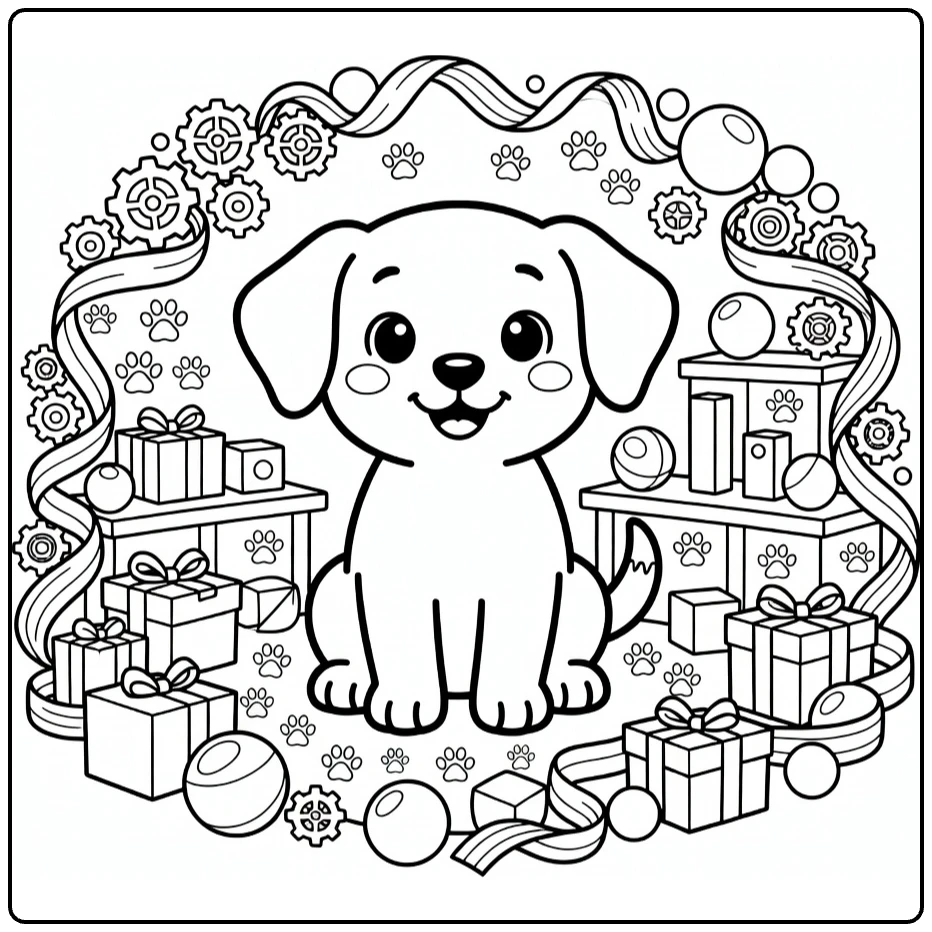 Hard Puppy Coloring Page: Playful pup in ornate toy workshop with gears, ribbons, gifts