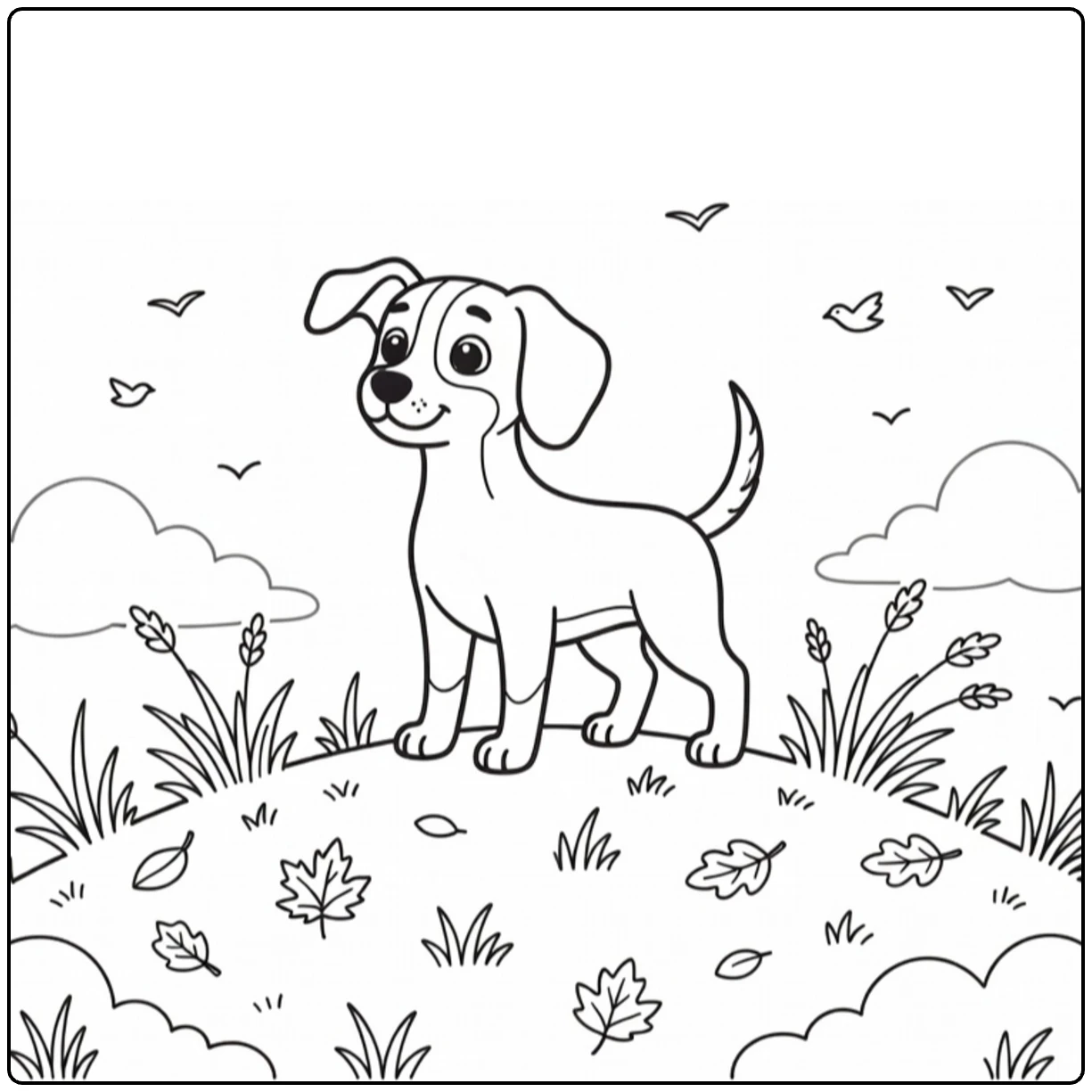 Hunting Dog coloring page: alert pup on hilltop with grass, birds