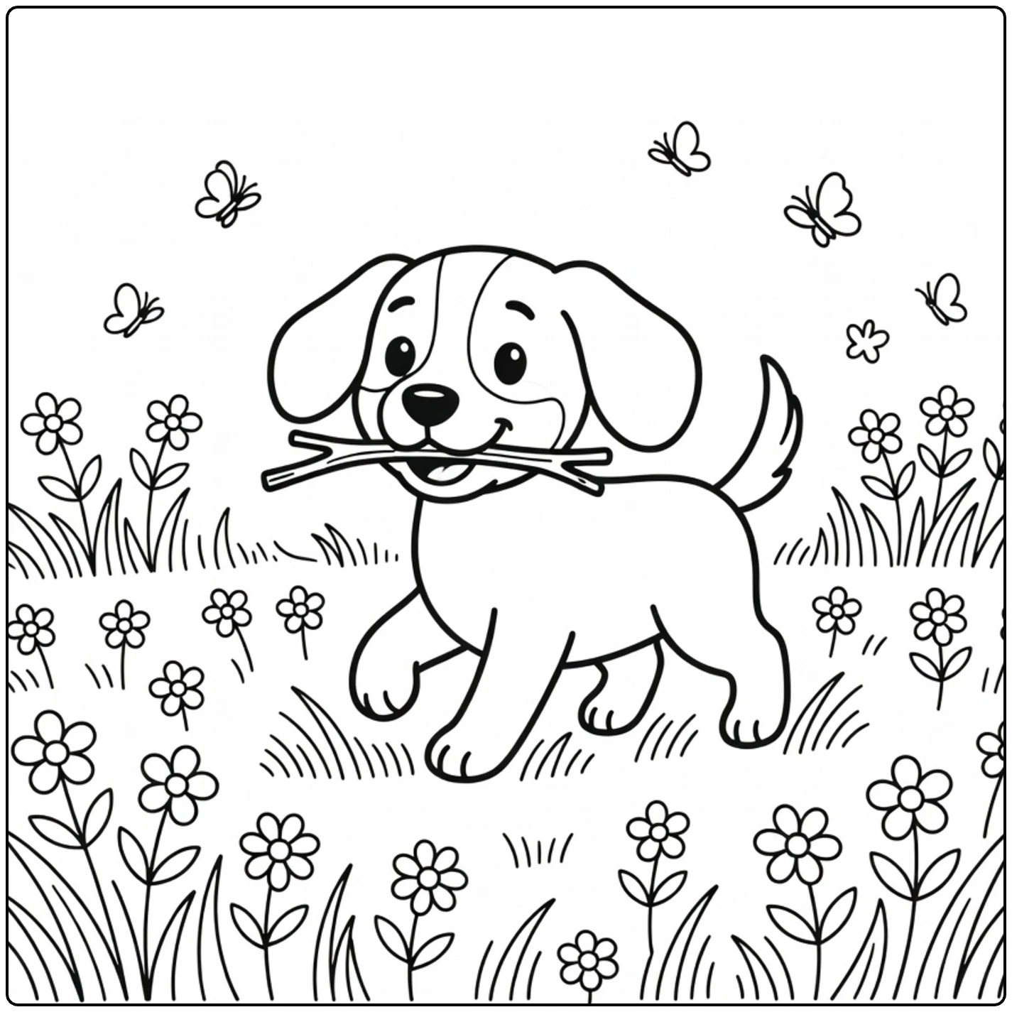 Hunting Dog coloring page of pup with stick trotting in flowery meadow