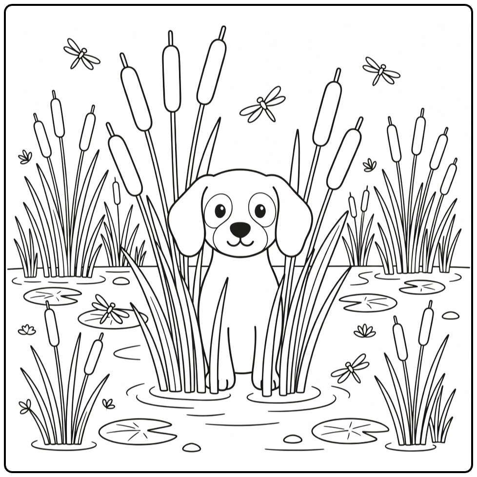Hunting Dog coloring page peeking from tall reeds in marsh