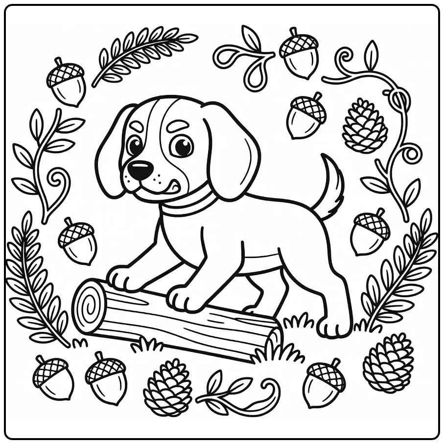 Hunting Dog coloring page: pup climbs log amid ferns, acorns