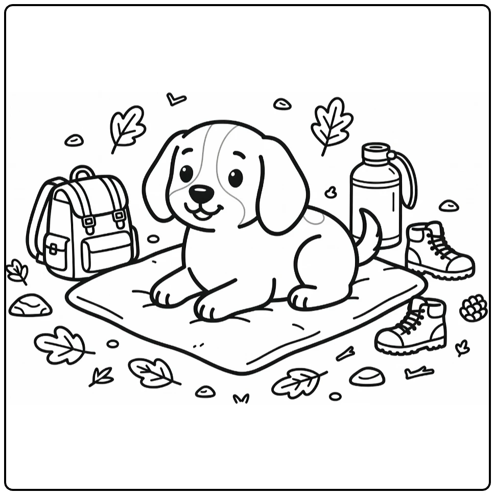 Hunting Dog coloring page: cute pup resting on blanket with gear