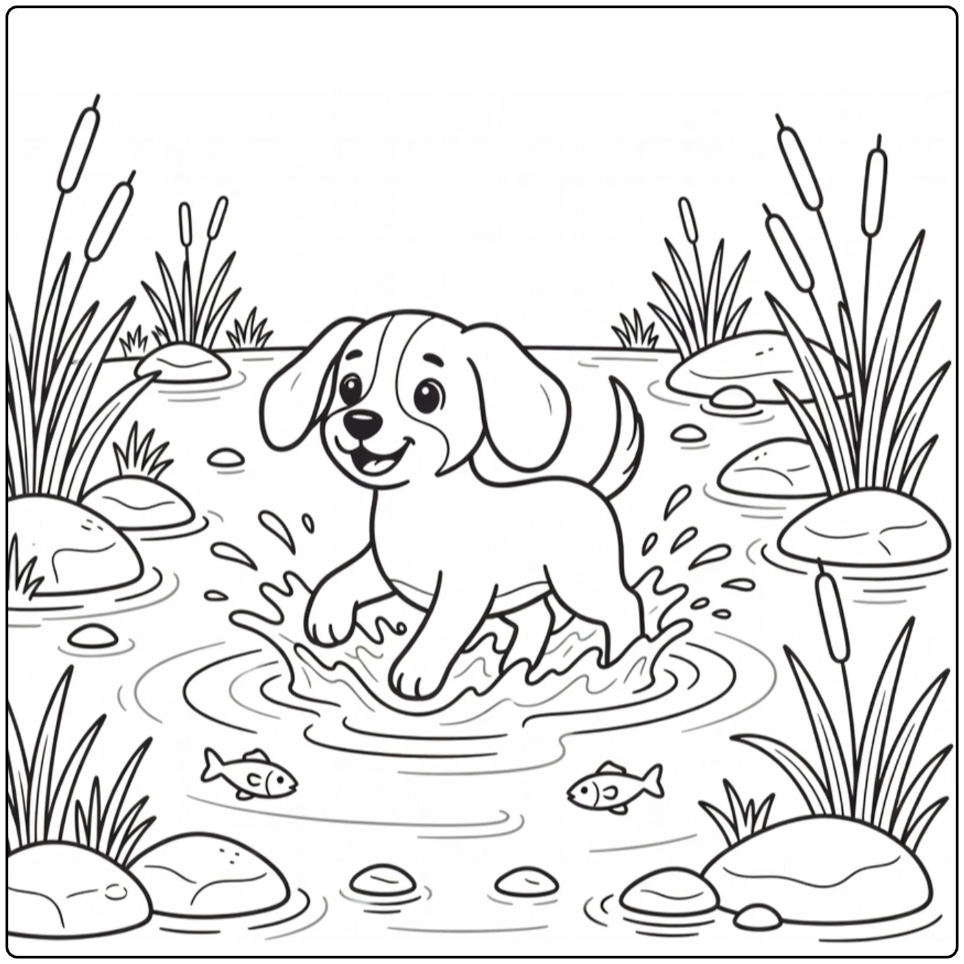 Hunting Dog coloring page: playful pup splashing in stream with reeds, stones, fish