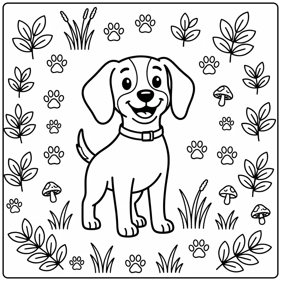 Hunting Dog coloring page: cheerful pup with collar amid leaves, paws, mushrooms, grass