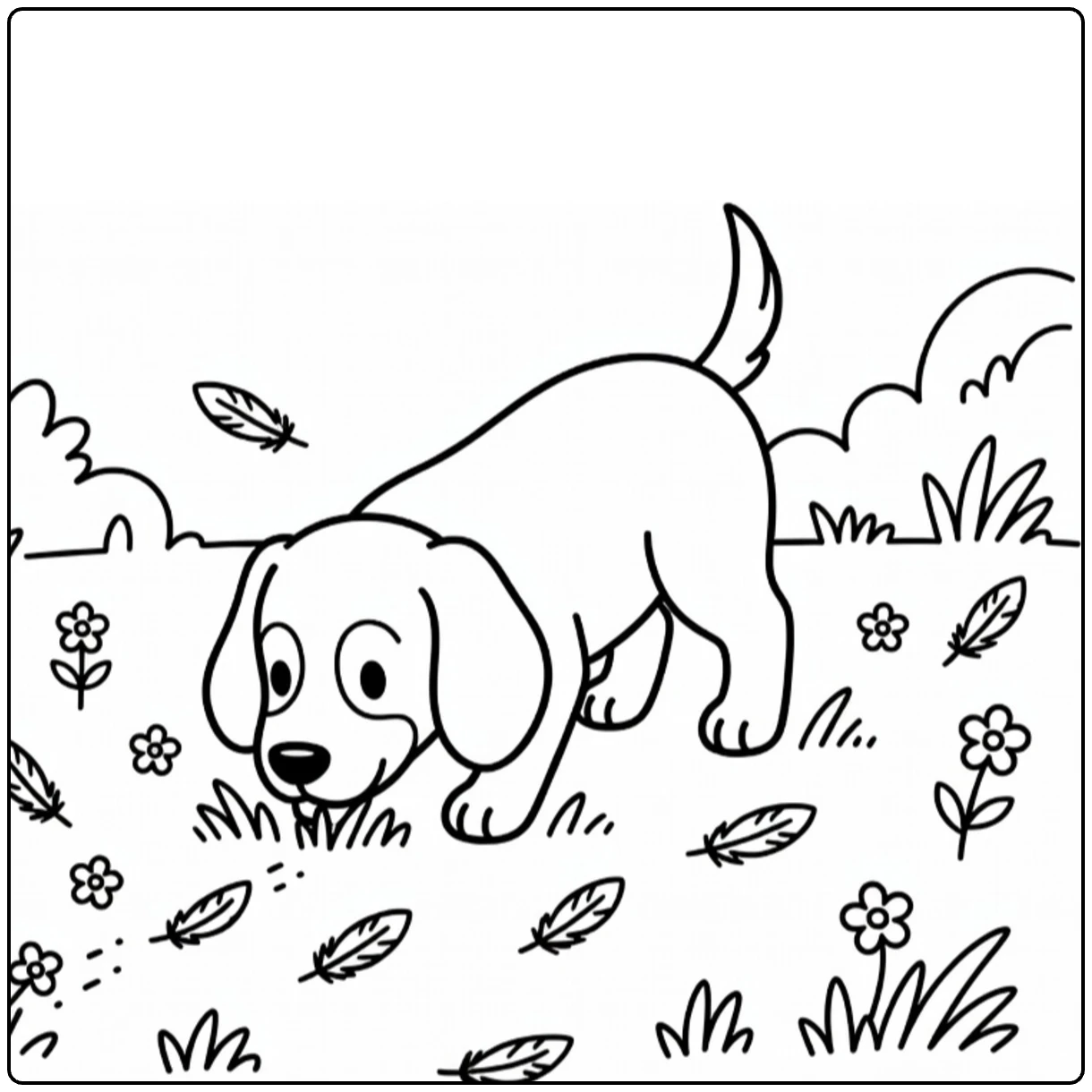 Hunting Dog coloring page: pup sniffs trail in grass with feathers