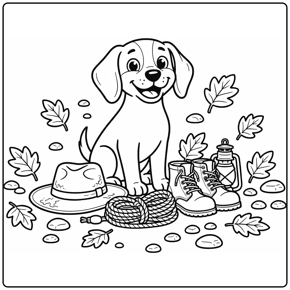Hunting Dog coloring page: happy pup with gear, leaves